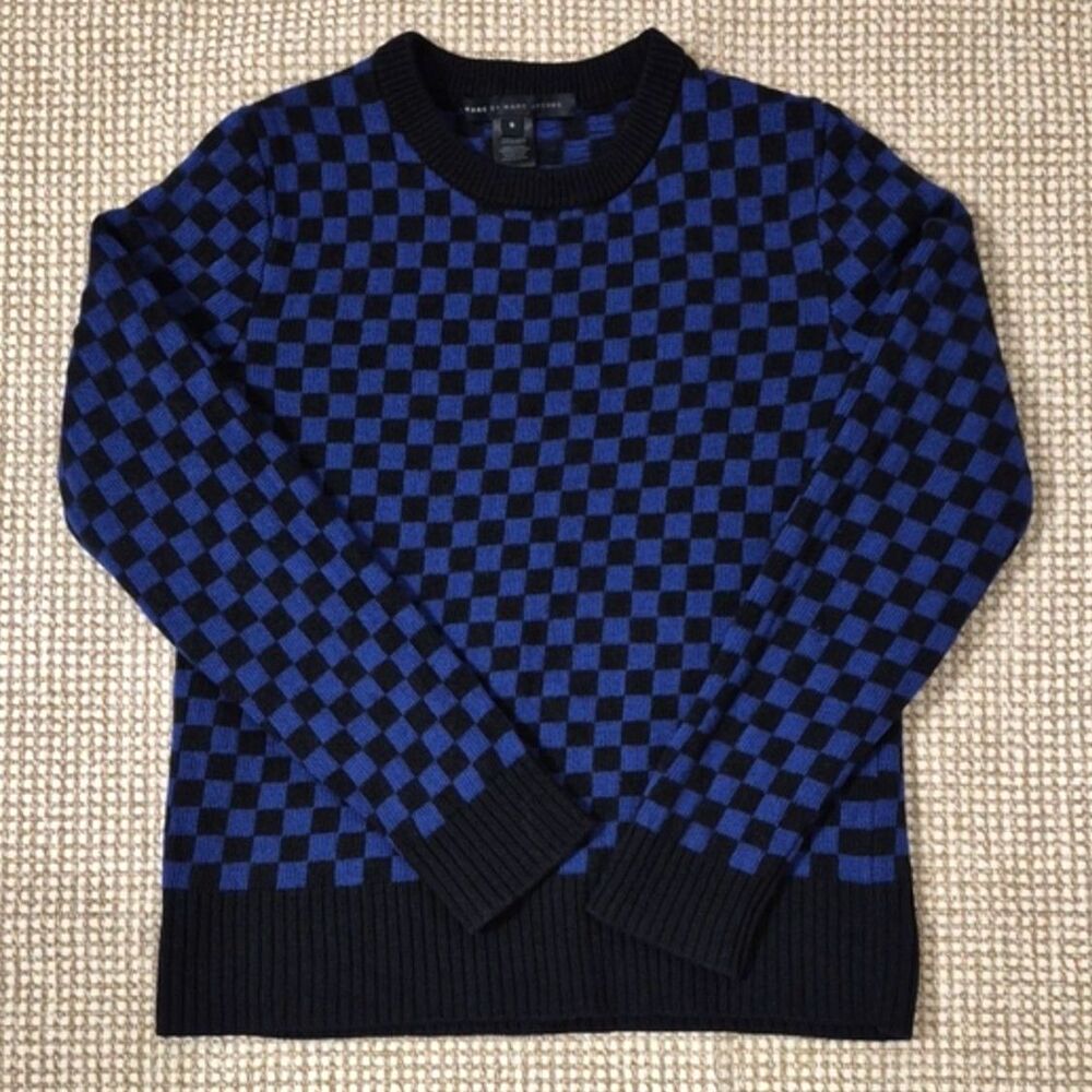 Marc by Marc Jacobs 100% Lambswool Crewneck Sweater S Blue Black Checkerboard